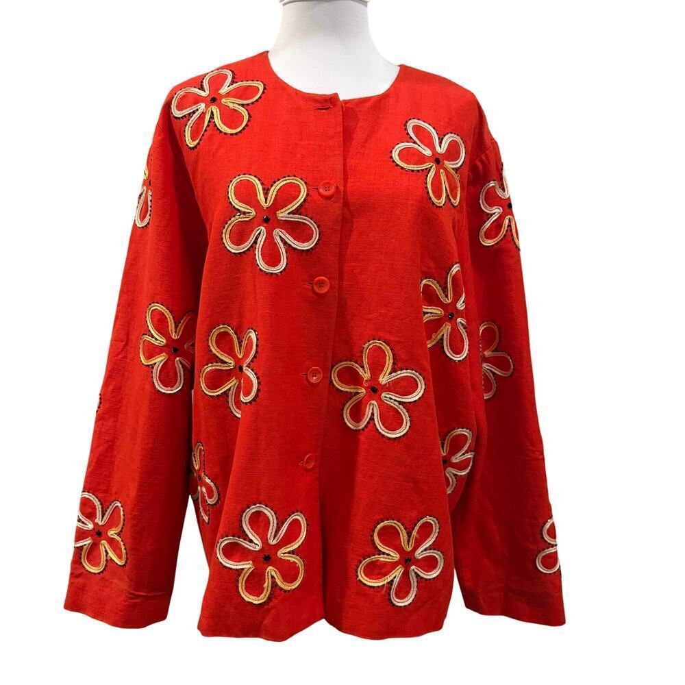 Coldwater Creek Linen Blend Floral Jacket Blood Orange Red XL Beaded Vacation